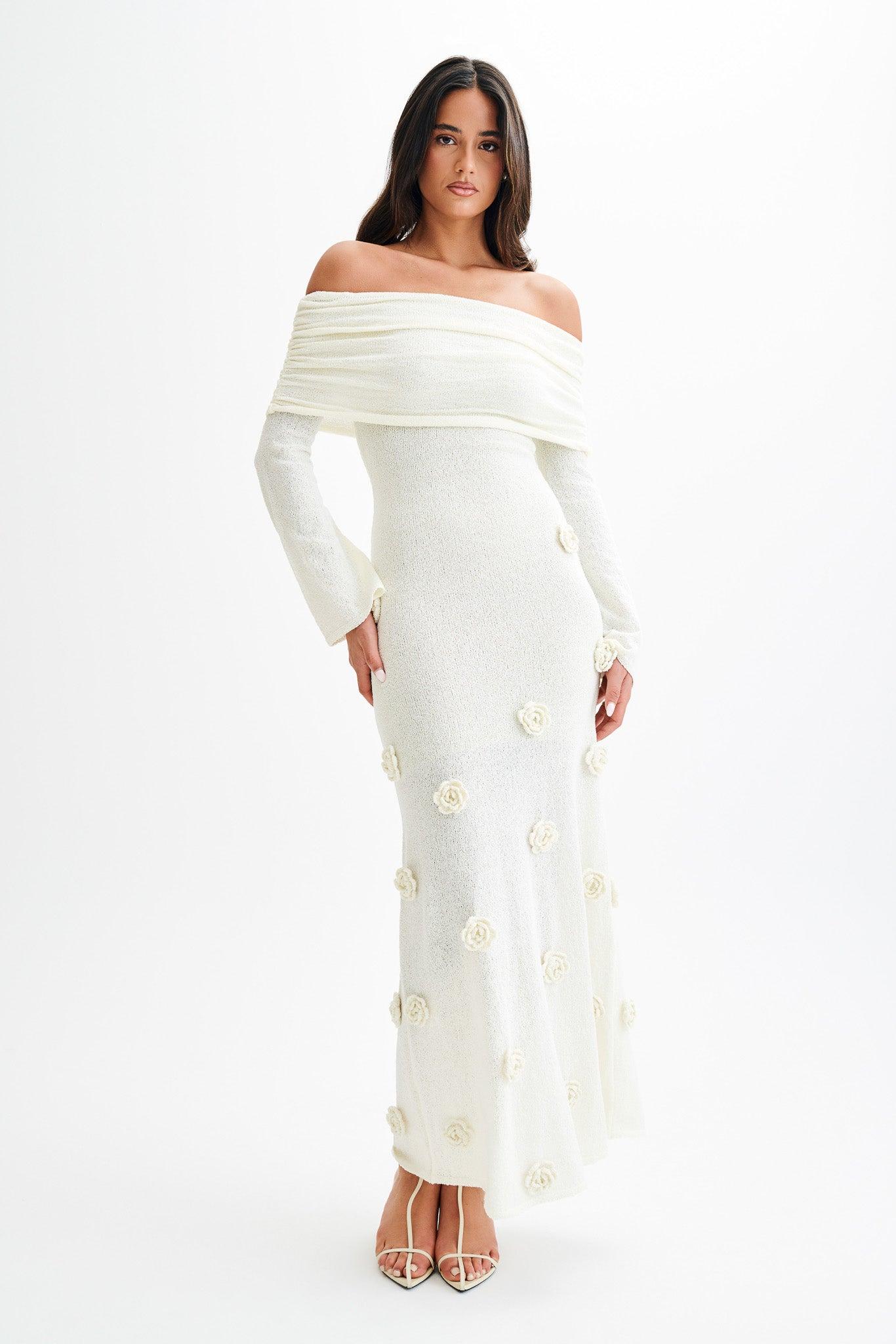 Kiki Off Shoulder Knit Rose Maxi Dress - Ivory Product Image