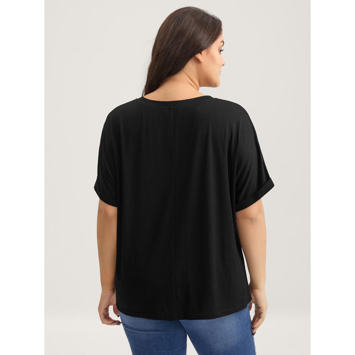 Plus Size Supersoft Stretchy Zirconia Design T-Shirt Black Women Leisure Rhinestone detailing V-neck Casual T-shirts BloomChic 18-20/2X Product Image