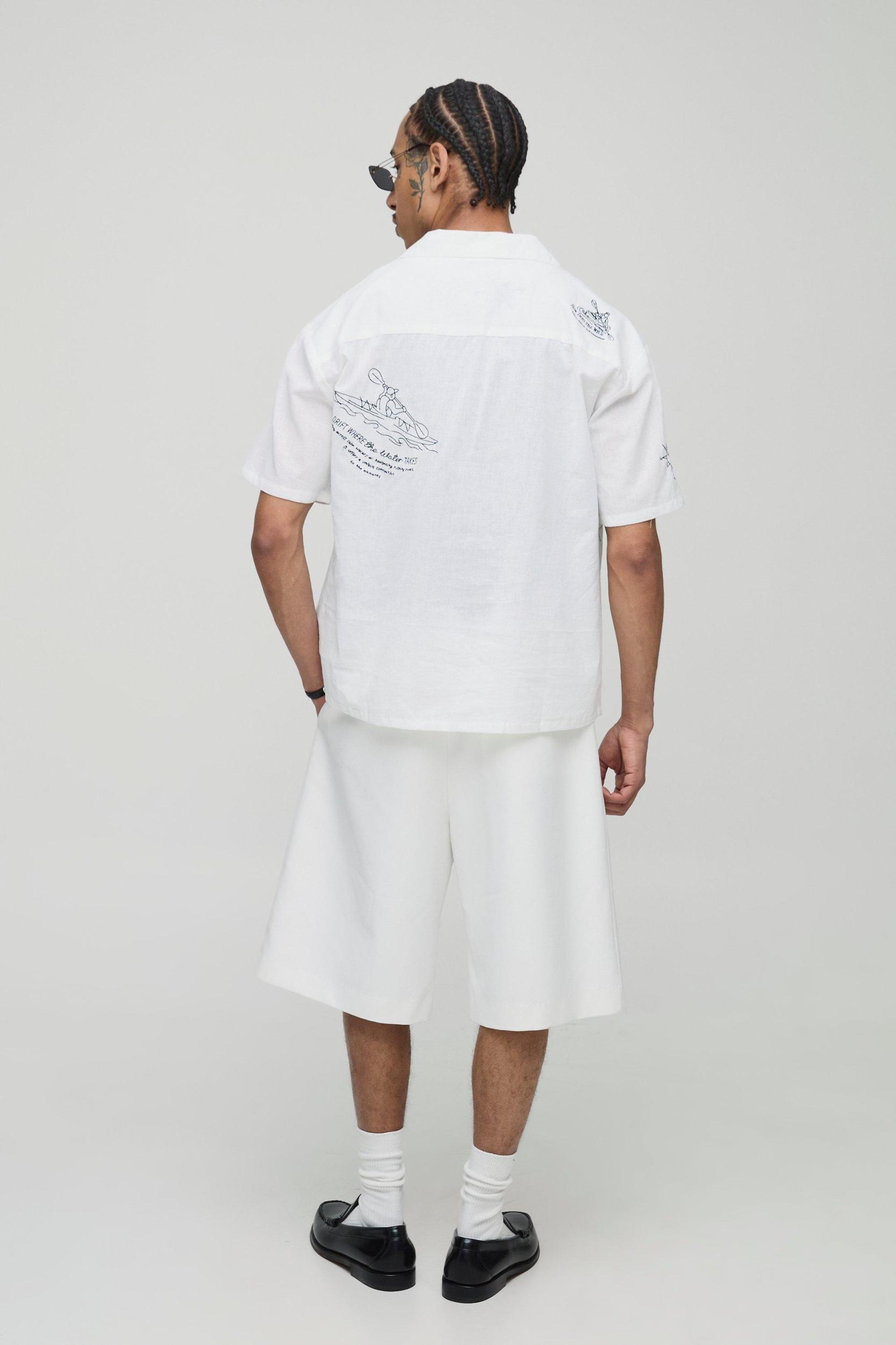 Oversized Linen Look Embroidered Shirt | boohooMAN USA Product Image