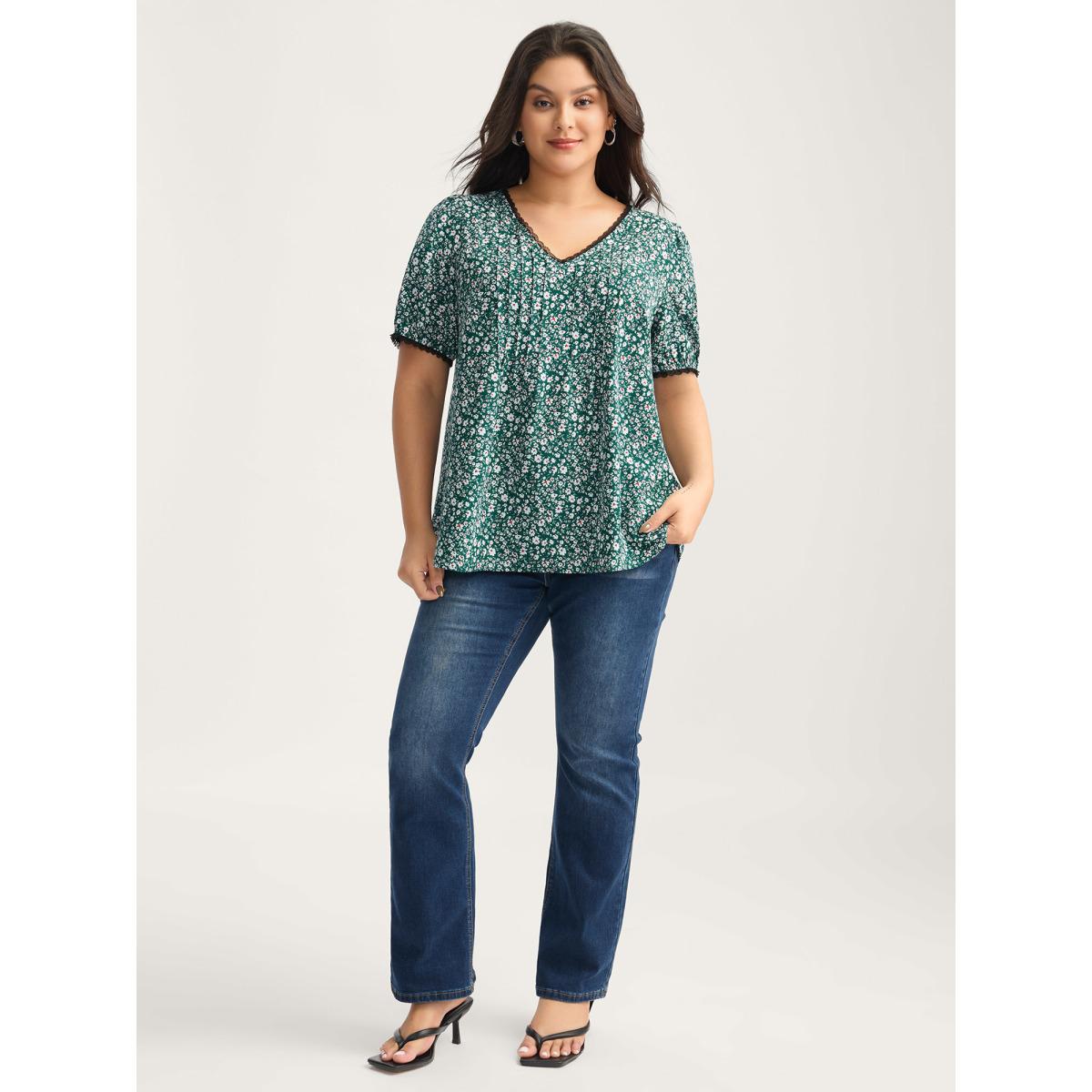 Plus Size DarkGreen Ditsy Floral Print Lace Trim Blouse Women Timeless Short sleeve V-neck Elegant Blouses BloomChic 14-16/1X Product Image