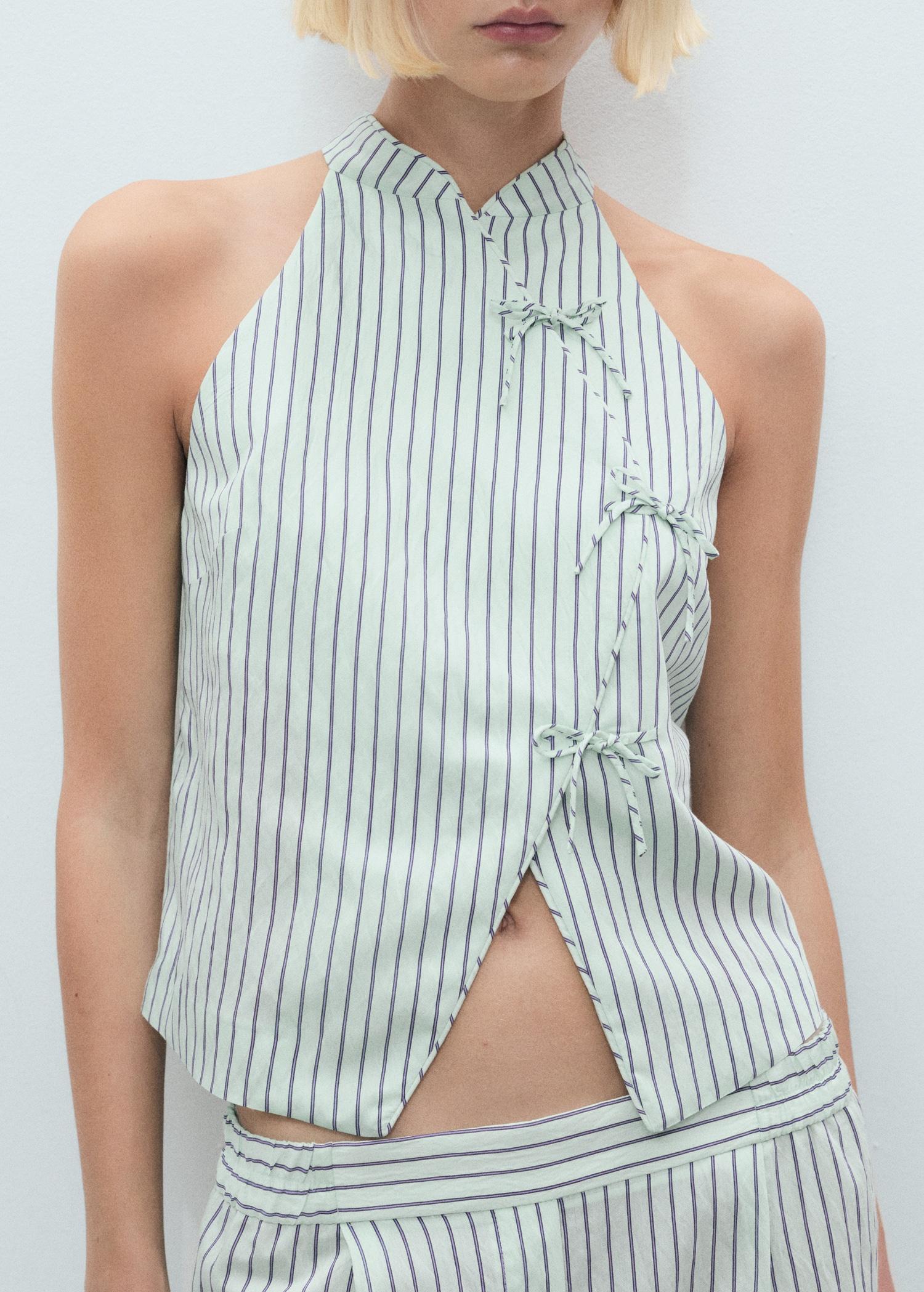 Striped top with a strap neckline and laces - Women | MANGO USA Product Image