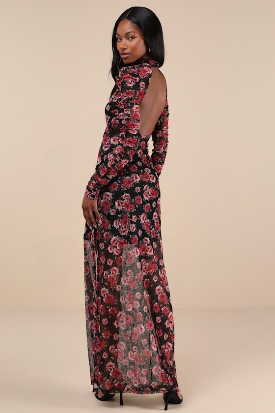 Lovely Silhouette Black Floral Sheer Mesh Cutout Maxi Dress Product Image
