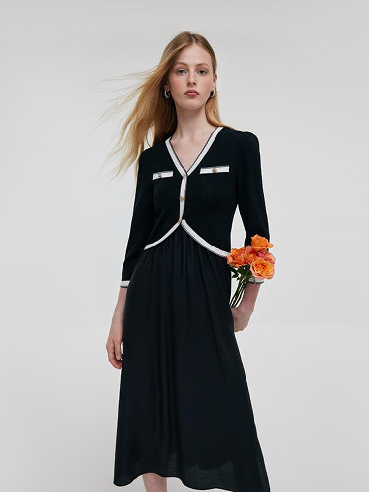 Contrast Trim Knitted Patchwork Women Midi Dress Product Image