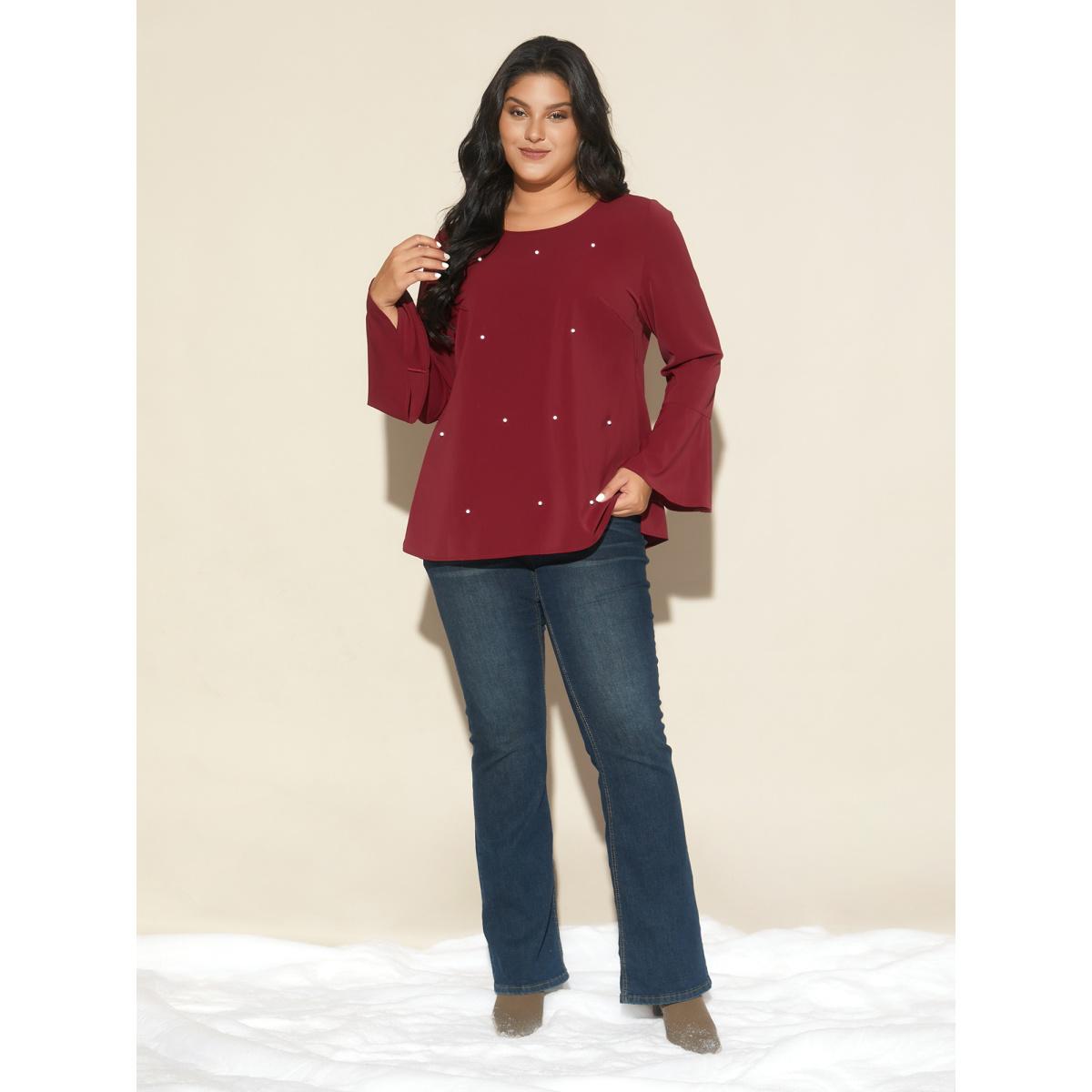 Plus Size Scarlet Beaded Embellished Bell Sleeves Blouse Women Cocktail Long Sleeve Round Neck Party Blouses BloomChic 12/L Product Image