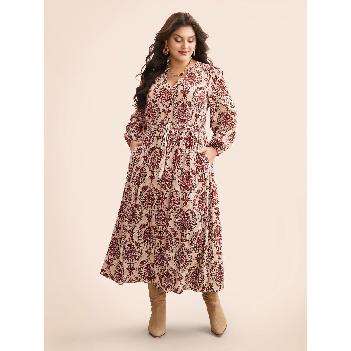 Plus Size Boho Print Notched Tie Knot Maxi Dress Rust Women Resort Tie knot Flat collar with V-notch Long Sleeve Curvy BloomChic 14-16/1X Product Image