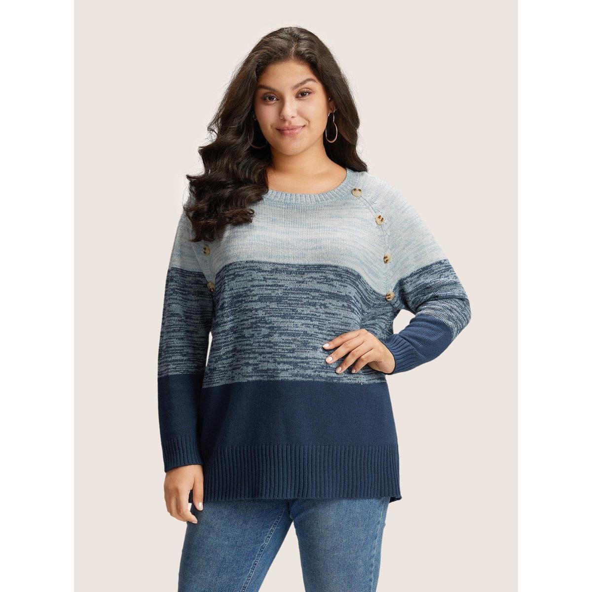 Plus Size Colorblock Contrast Heather Button Detail Pullover Indigo Women Leisure Long Sleeve Round Neck Casual Pullovers BloomChic 22-24/3X Product Image
