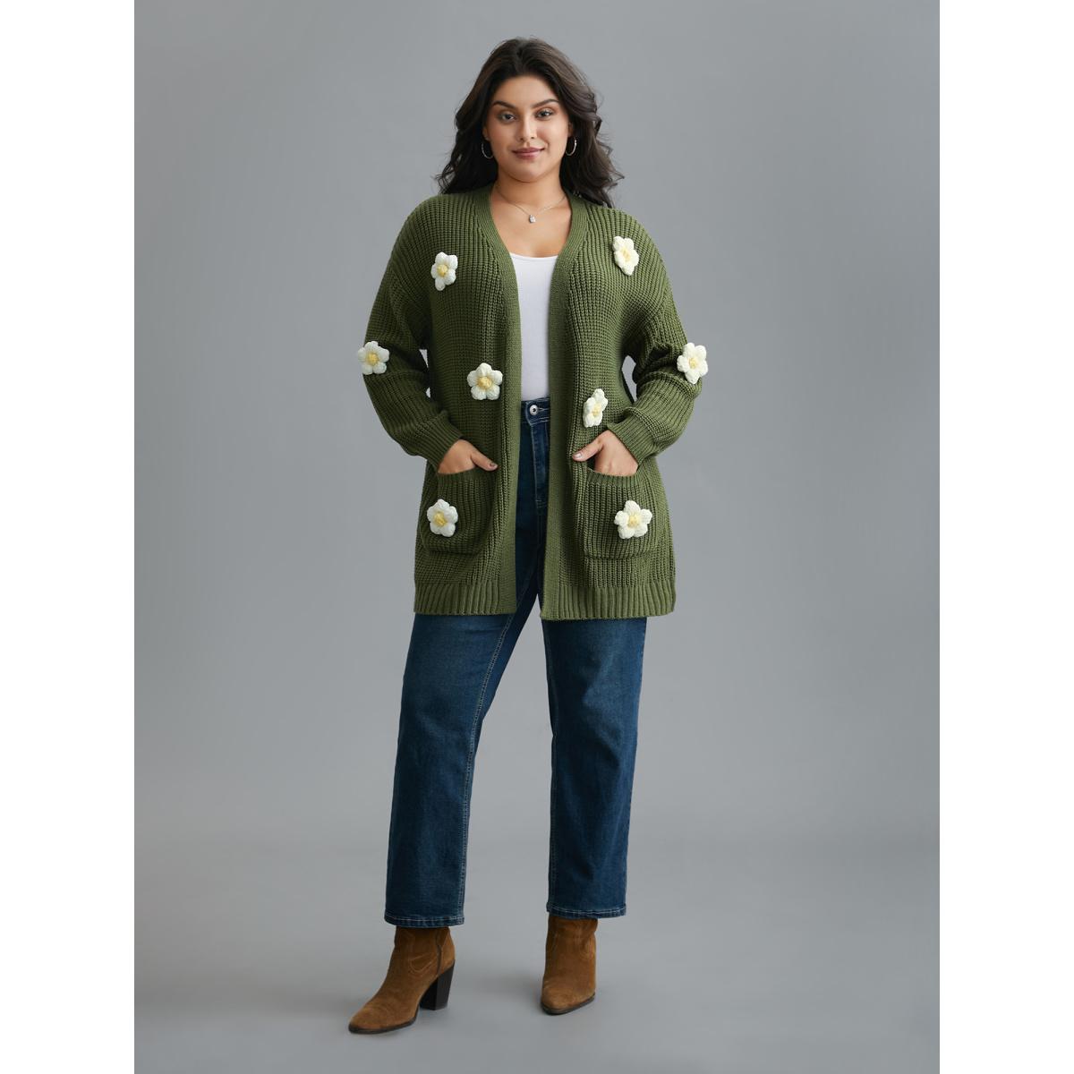 Plus Size Floral Motifs V-Neck Pockets Knit Cardigan Moss Women Casual Loose Long Sleeve Everyday Cardigans BloomChic 28/5X Product Image