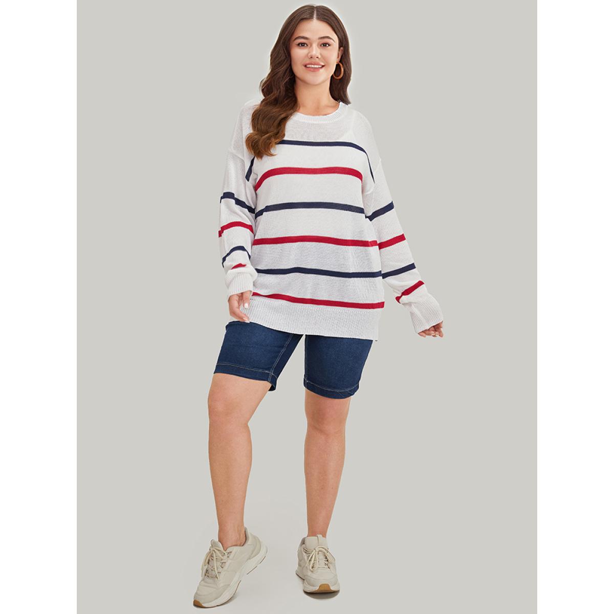 Plus Size Striped Contrast Drop Shoulder Pullover White Women Casual Bodycon Long Sleeve Round Neck Dailywear Pullovers BloomChic 18-20/2X Product Image