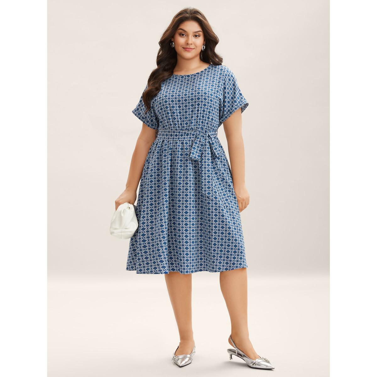 Plus Size Geometric Print Belted Pockets Midi Dress Mediumblue Women Round Neck Short sleeve Curvy BloomChic 26/4X Product Image