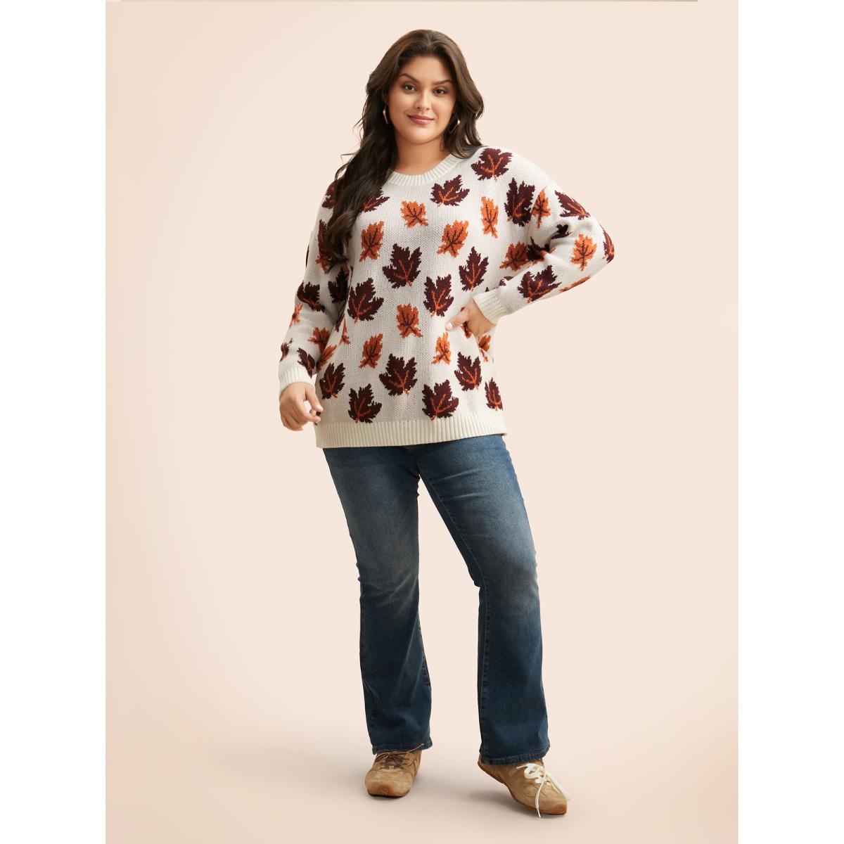 Plus Size Leaves Jacquard Drop Shoulder Sleeve Pullover Ivory Women Casual Long Sleeve Round Neck Everyday Pullovers BloomChic 10/M Product Image