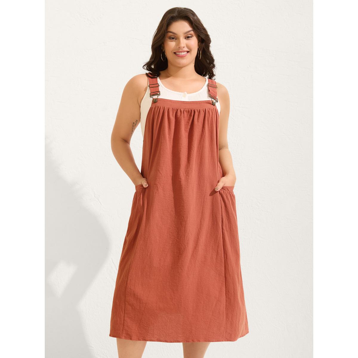 Plus Size Pure Cotton Pleated Pockets Midi Dress Rust Women Leisure Square Neck Sleeveless Curvy BloomChic 28/5X Product Image
