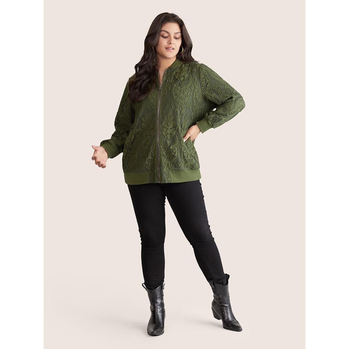 Plus Size Silhouette Floral Print Zipper Lace Panel Jacket Women ArmyGreen Elastic cuffs Pocket Everyday Jackets BloomChic 28/5X Product Image