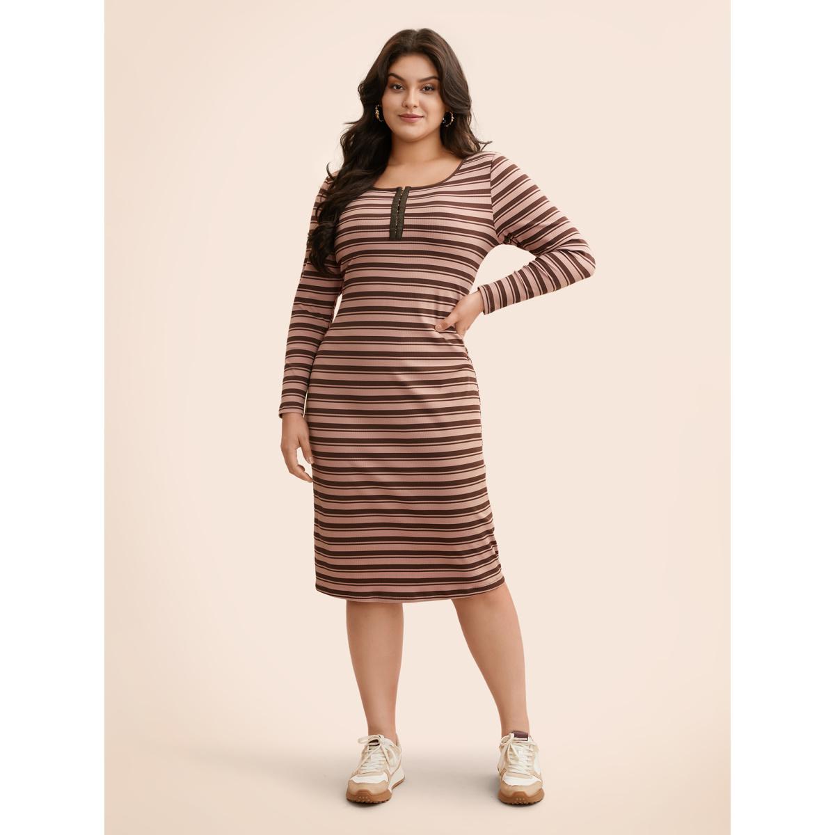 Plus Size U Neck Striped Pit Strip Dress DustyPink Women Casual Texture U-neck Long Sleeve Curvy BloomChic 26/4X Product Image