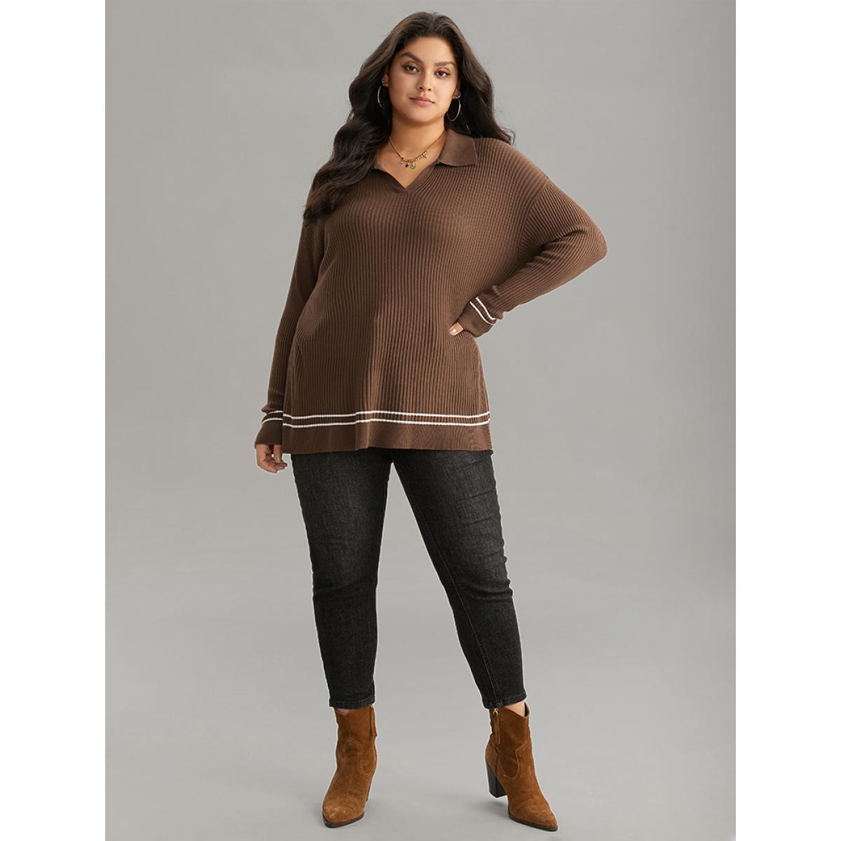 Plus Size Supersoft Essentials Polo Striped Contrast Pullover Maroon Women Casual Loose Long Sleeve Polo Dailywear Pullovers BloomChic 14-16/1X Product Image