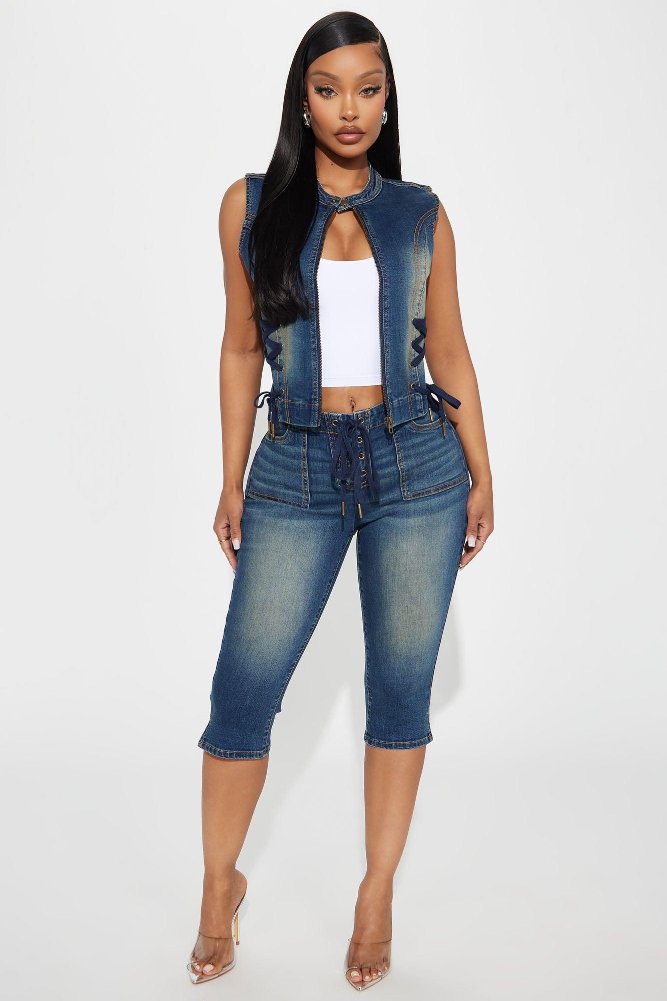 Leveled Up Lace Up Stretch Denim Capris - Dark Wash Product Image