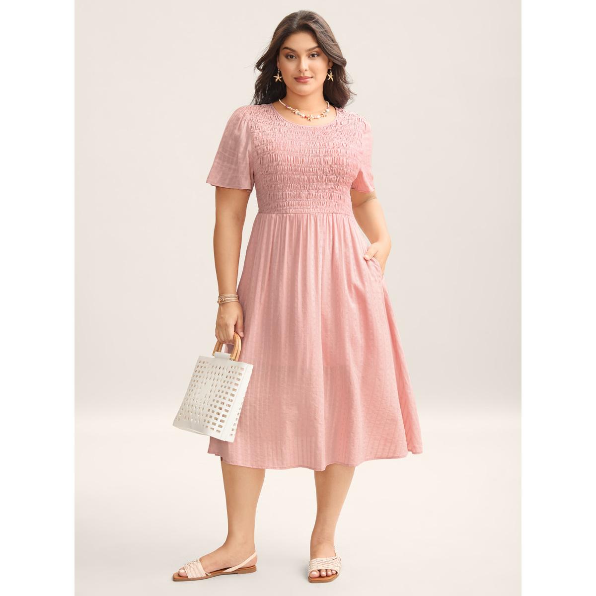 Plus Size Cotton Textured Shirred Bodice Pleated Midi Dress Crepe Women Resort Round Neck Sleeveless Curvy BloomChic 18-20/2X Product Image