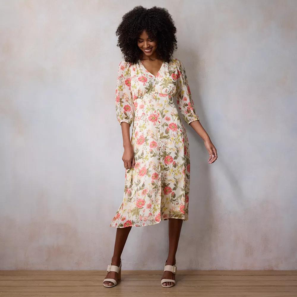 Petite LC Lauren Conrad V-Neck Button Front Midi Dress, Women's, Size: XXL Petite, Ivory Bryn Botanical Product Image