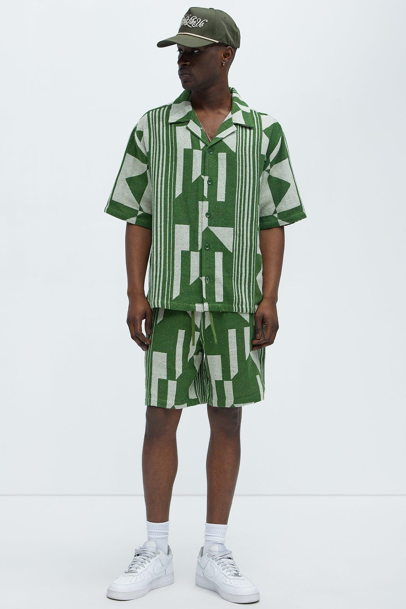 Abstract Cuban Collar Button Down Shirt - Olive/combo Product Image