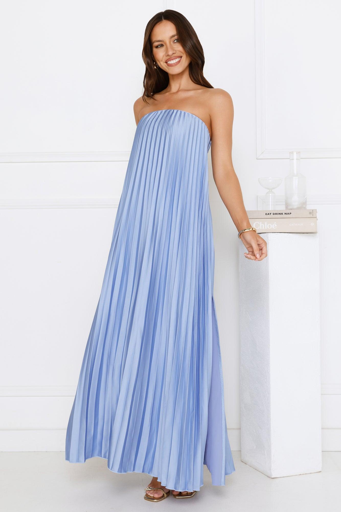 Moonlit Night Pleated Strapless Maxi Dress Blue Product Image