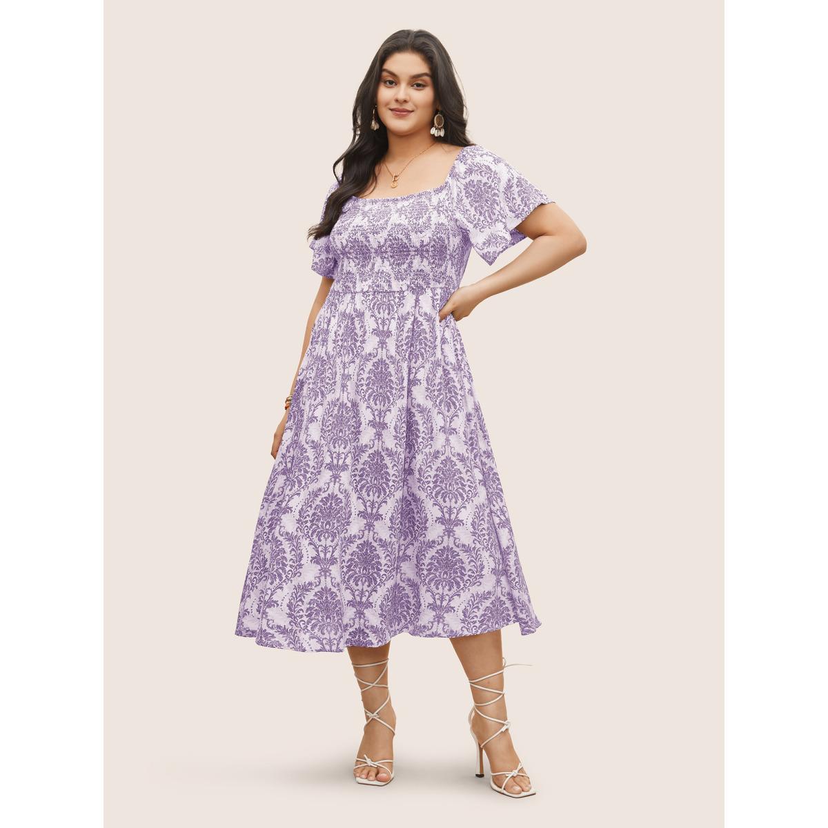 Plus Size Bandana Print Shirred Off Shoulder Dress Lavender Women Resort Non One-shoulder neck Short sleeve Curvy Midi Dress BloomChic 26/4X Product Image