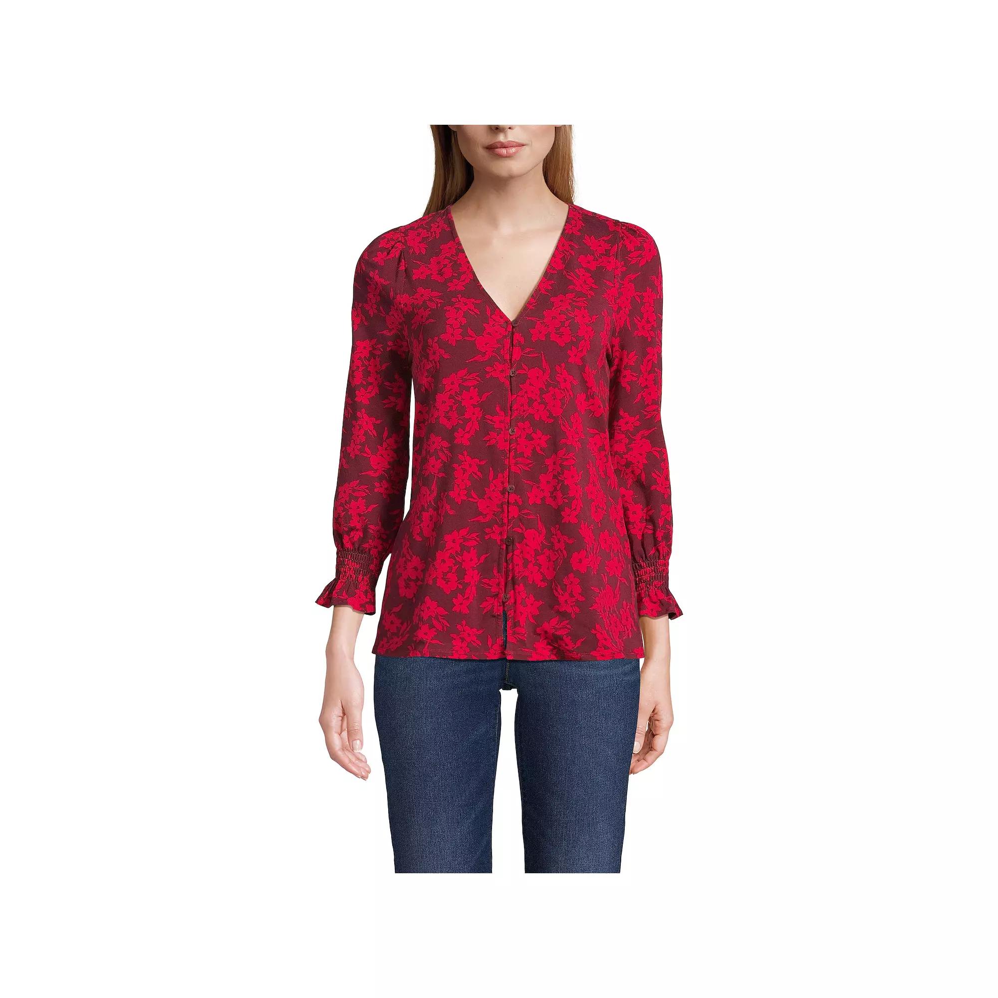 Women's Lands' End 3/4 Sleeve Lightweight Jersey Button Front Top,  Product Image