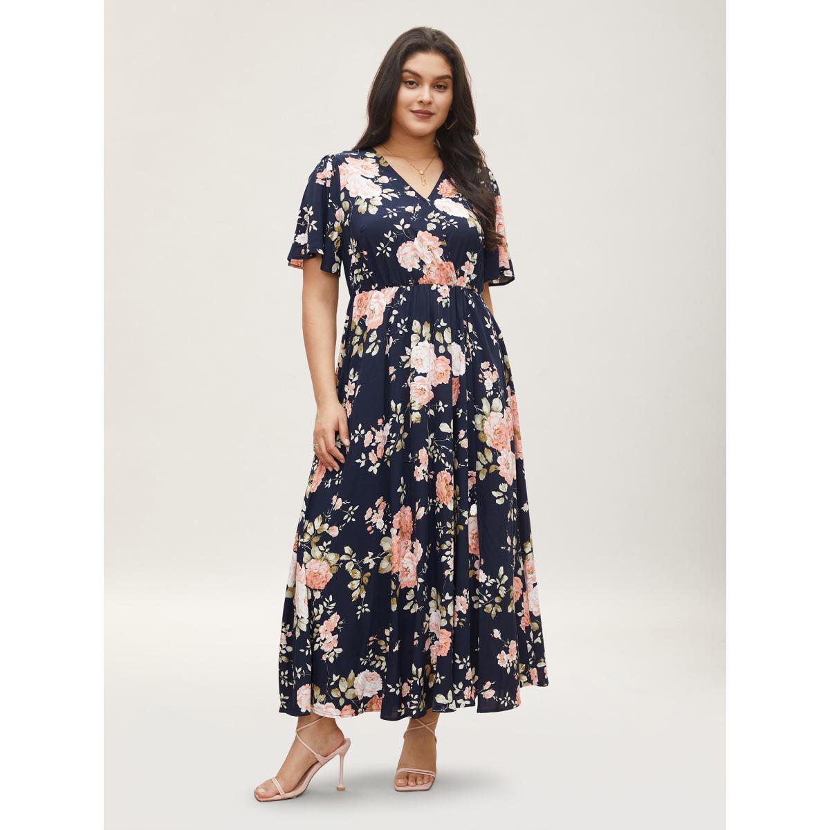 Plus Size Bloom Dress - Flutter Sleeve Ditsy Floral Pocket Split Maxi Dress LightGreen Women Romantic Slit V-neck Half Sleeve Curvy Long Dress BloomChic 10/M Product Image