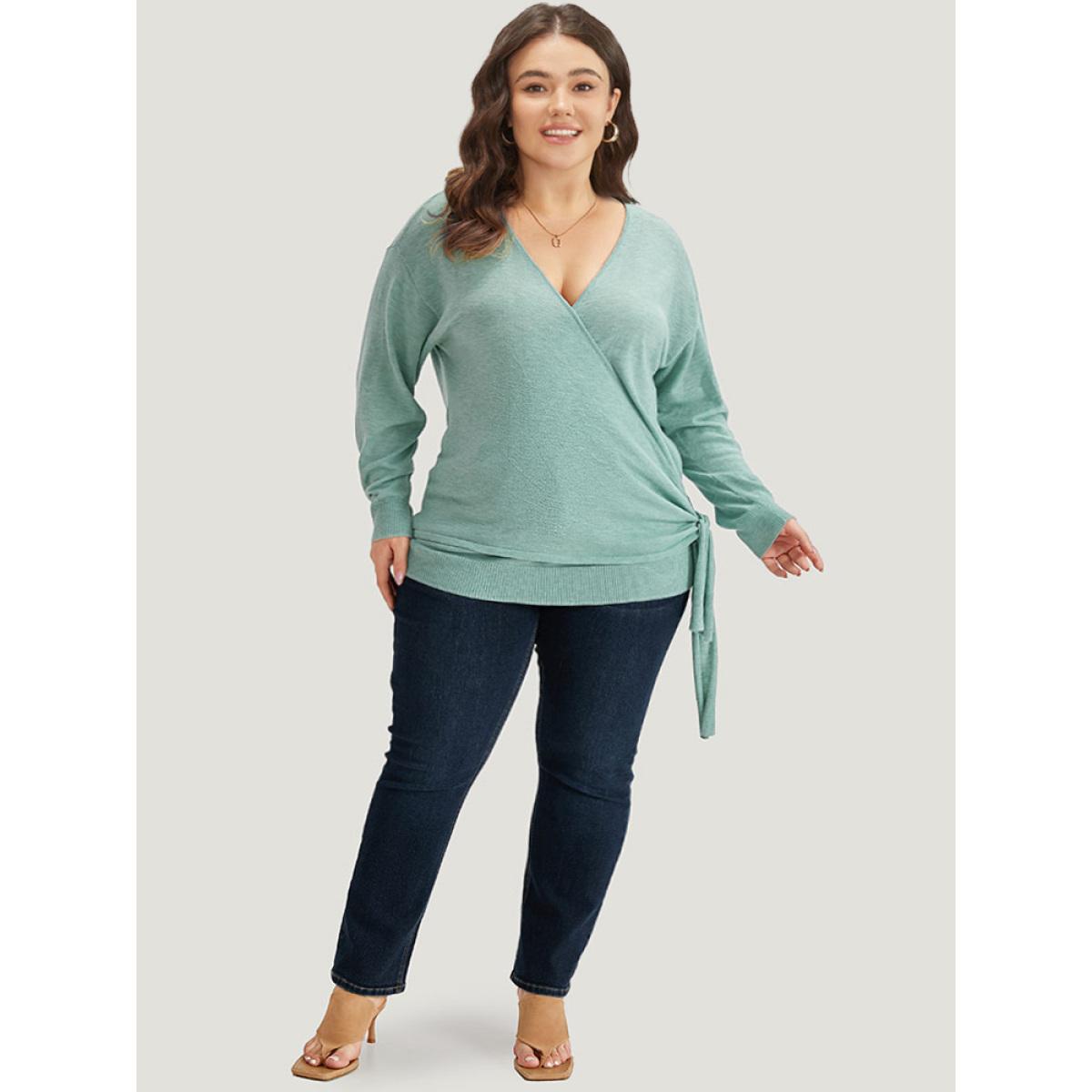 Plus Size Supersoft Essentials Plain Crossover Ties Elastic Cuffs Pullover Mint Women Casual Loose Long Sleeve V-neck Dailywear Pullovers BloomChic 28/5X Product Image