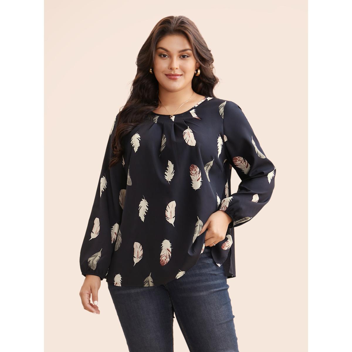 Plus Size Indigo Feather Print Pleated Slit Hem Blouse Women Elegant Extra Long Sleeve Round Neck Everyday Blouses BloomChic 30/6X Product Image