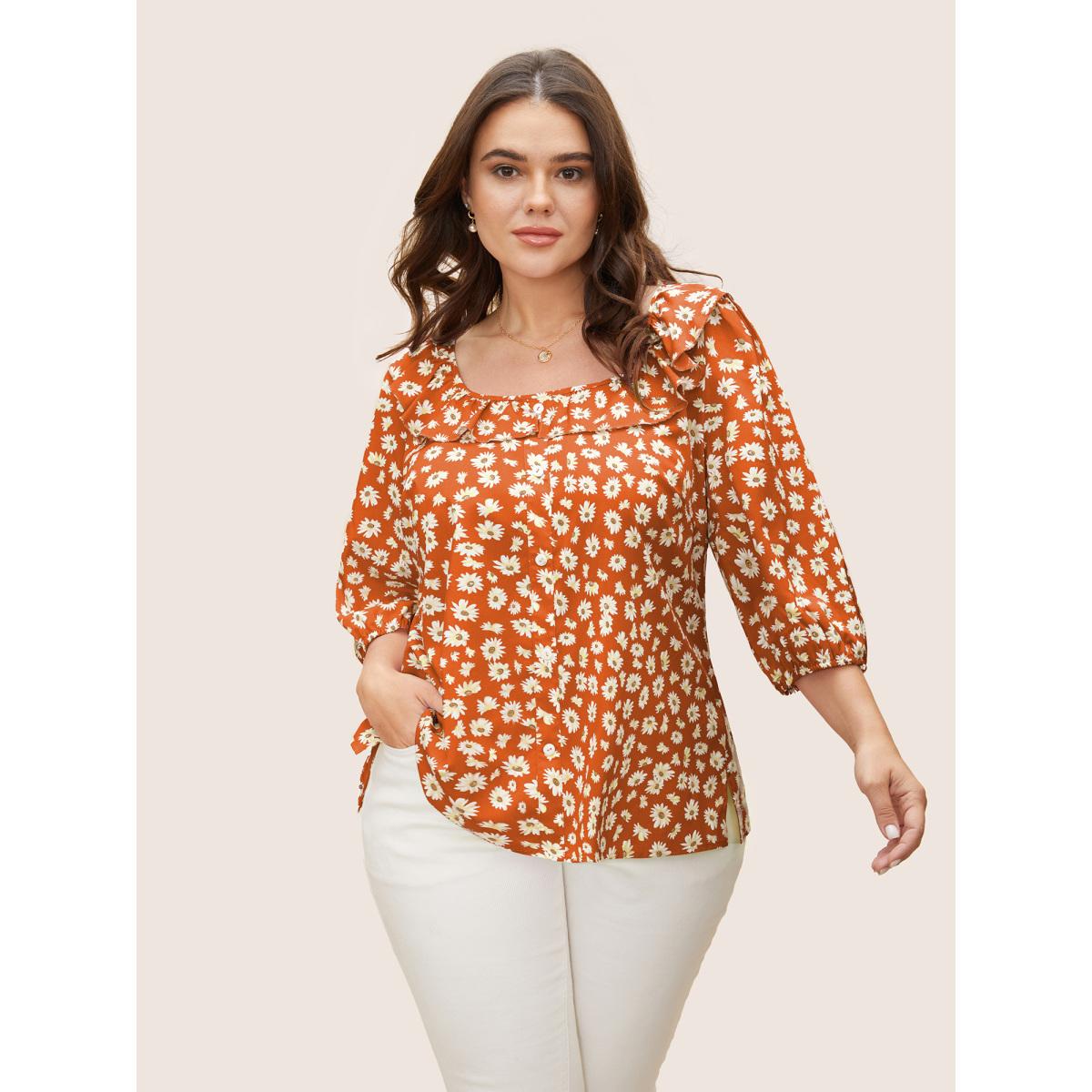 Plus Size Brightorange Daisy Patterned Ruffled Collar Blouse Women Elegant Elbow-length sleeve Square Neck Everyday Blouses BloomChic 22-24/3X Product Image