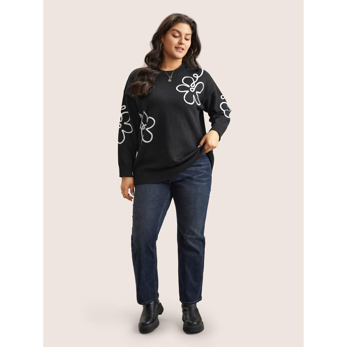 Plus Size Supersoft Essentials Floral Embroidered Crew Neck Pullover Black Women Casual Loose Long Sleeve Round Neck Everyday Pullovers BloomChic 30/6X Product Image