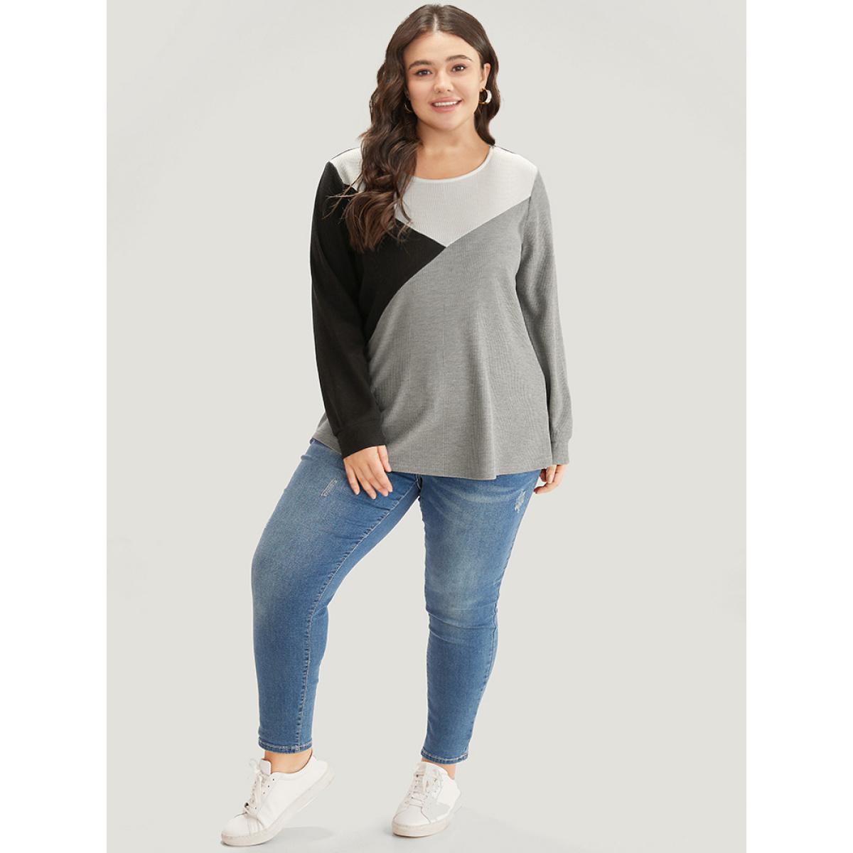 Plus Size Colorblock Contrast Crew Neck Long Sleeve T-shirt Multicolor Women Casual Elastic cuffs Plain Round Neck Dailywear T-shirts BloomChic 12/L Product Image