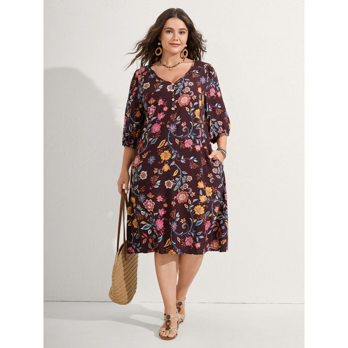 Plus Size Rayon Boho Floral Placket Midi Dress Deeppurplered Women V-neck Elbow-length sleeve Curvy BloomChic 26/4X Product Image