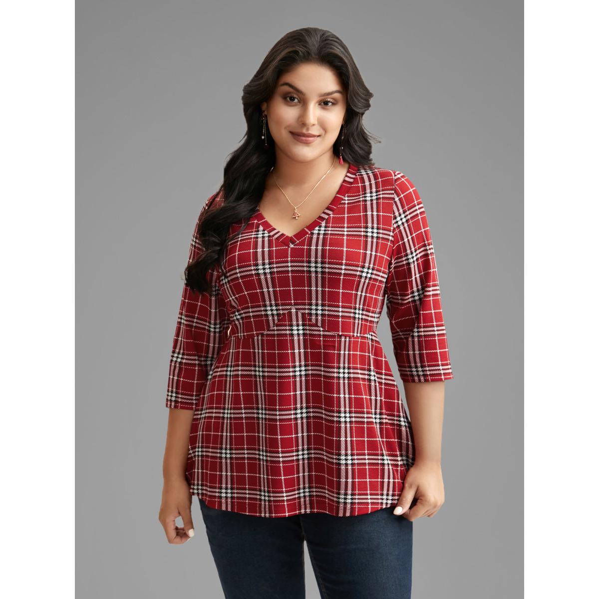 Plus Size Plaid Quarter-Sleeve Elastic Waist Tee Brightred Women Elegant Non V-neck Bodycon Everyday T-shirts BloomChic 22-24/3X Product Image