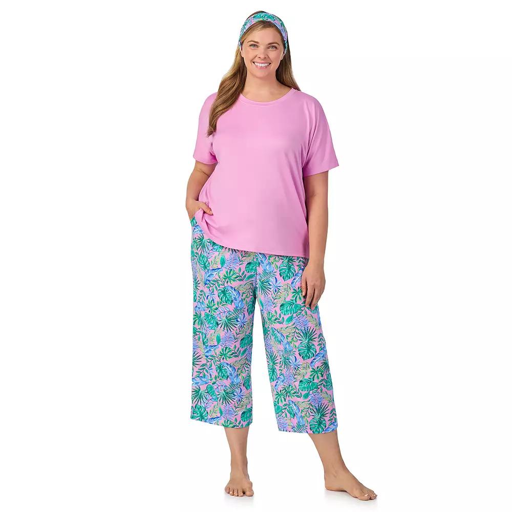 Plus Size Cuddl Duds® 2-pc. Pajama Crewneck Top & Pajama Capri Pants Set with Matching Headband, Women's, Size: 1XL, Purple Pink Leaves Product Image