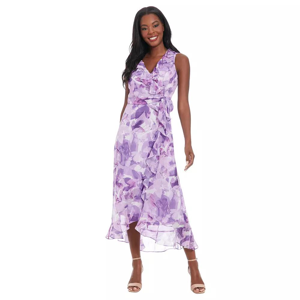 Women's London Times Side Tie Ruffle Wrap Maxi Dress, Size: 8, Purple Floral Product Image