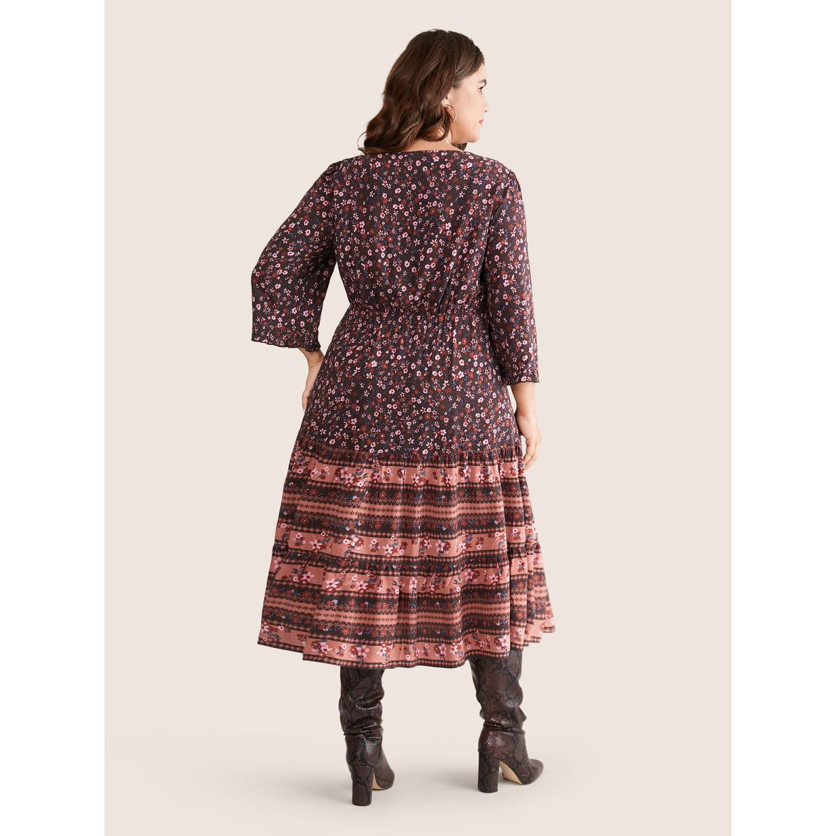 Plus Size Ditsy Floral Patchwork Square Neck Frill Trim Dress Russet Women Vacation Elastic cuffs Square Neck Elbow-length sleeve Curvy Midi Dress BloomChic 10/M Product Image