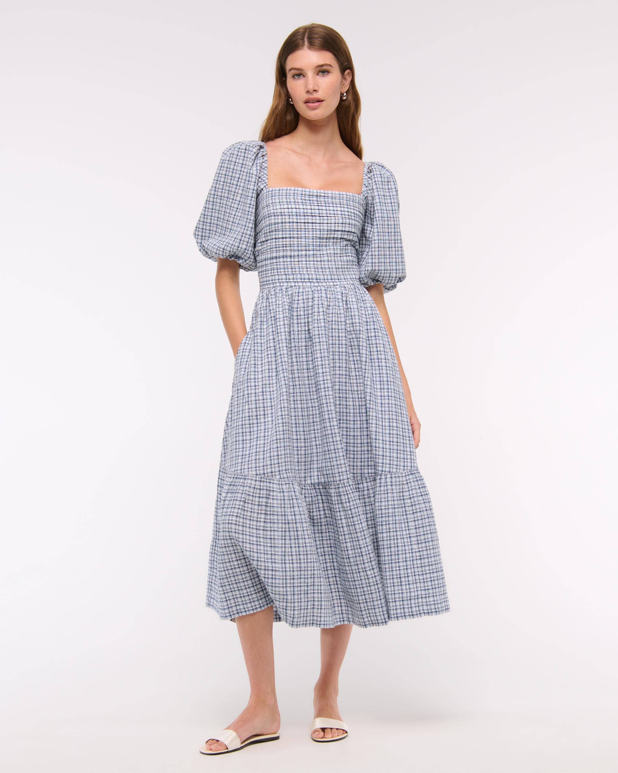 The A&F Emerson Linen-Blend Puff Sleeve Midi Dress Product Image