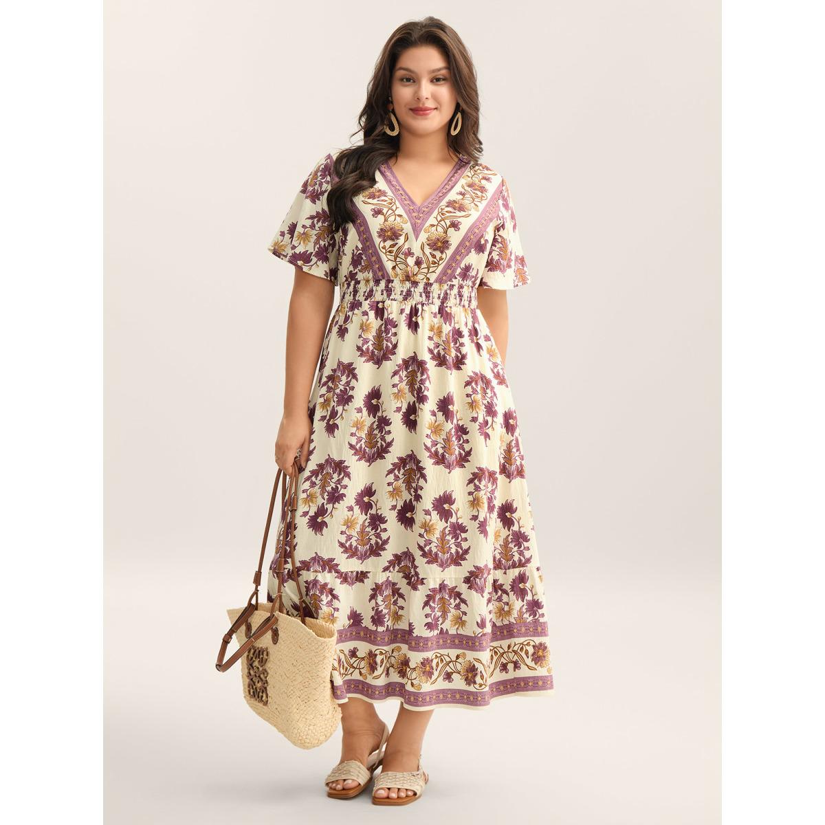 Plus Size Rayon Floral Print Stretchy Waist Midi Dress Deeppurplered Women V-neck Short sleeve Curvy BloomChic 12/L Product Image