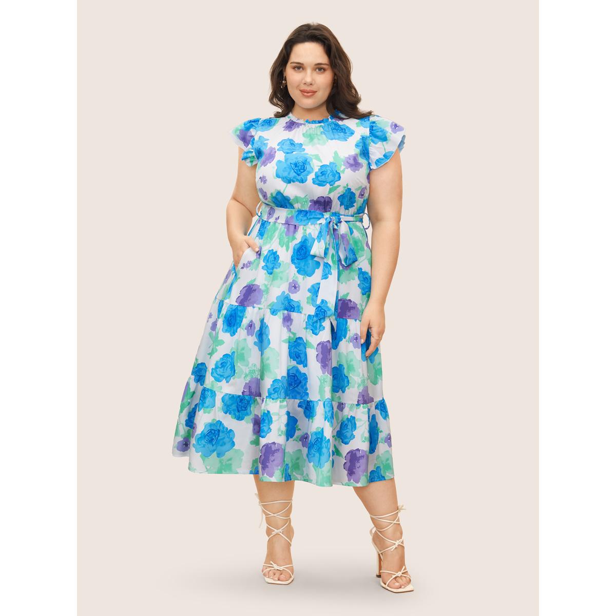 Plus Size Floral Gathered Ruffle Cap Sleeve Belted Dress White Women Elegant Belted Round Neck Cap Sleeve Curvy BloomChic 18-20/2X Product Image