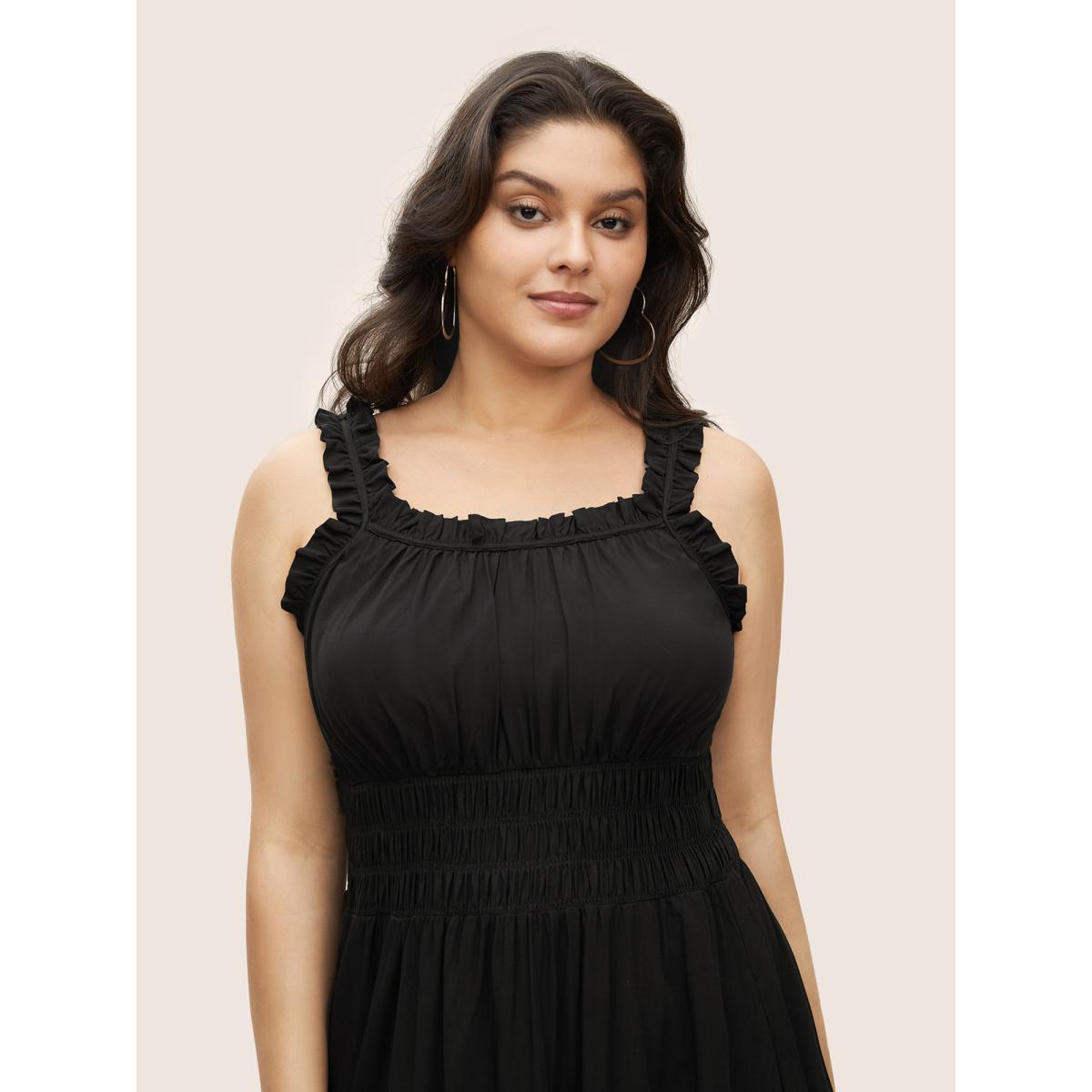 Plus Size Plain Gathered Elastic Waist Ruffle Trim Dress Black Women Casual Gathered Non Sleeveless Curvy BloomChic 28/5X Product Image