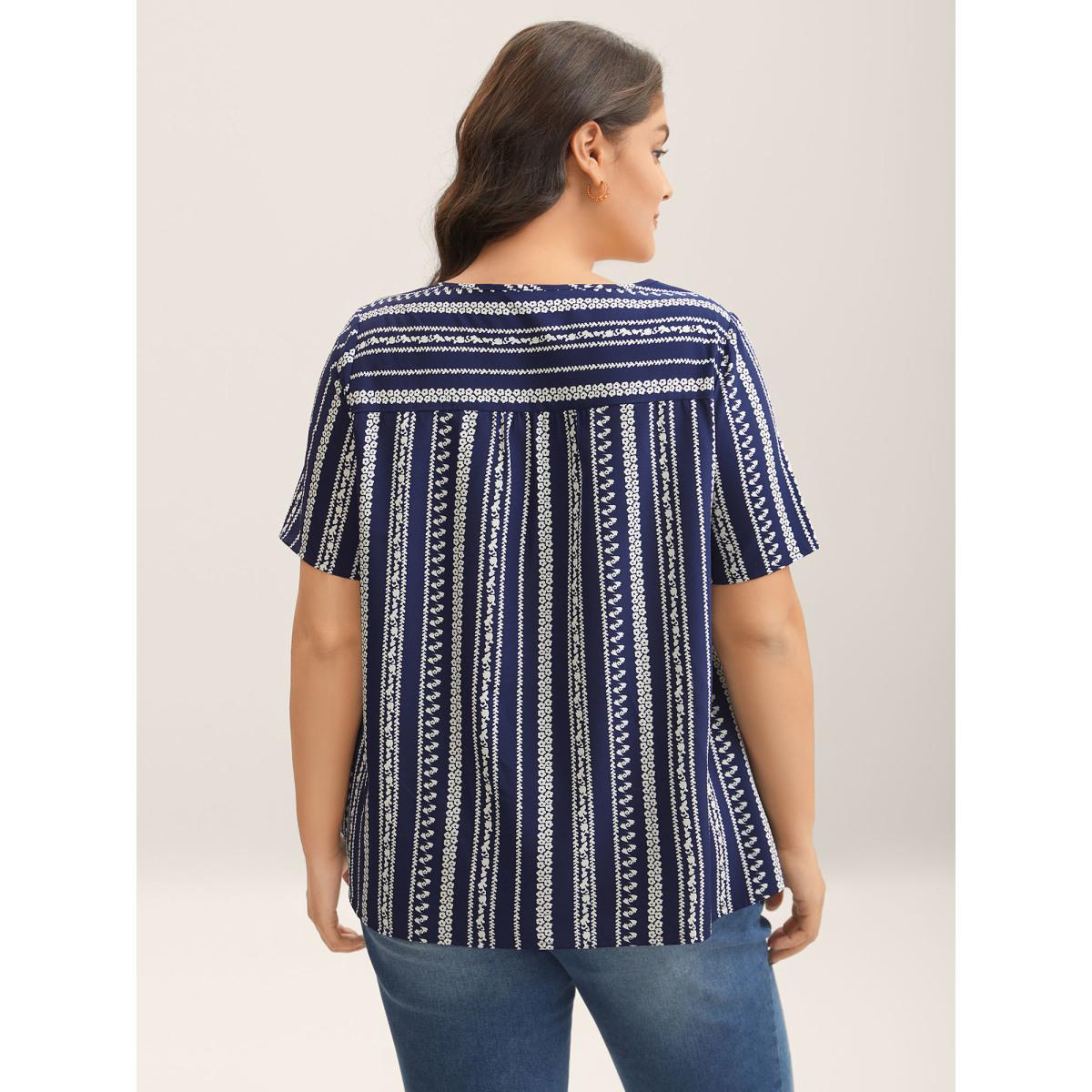 Plus Size DarkBlue Embroidered Striped Print Square Neck Blouse Women Short sleeve Square Neck Everyday-Elegant Blouses BloomChic 26/4X Product Image