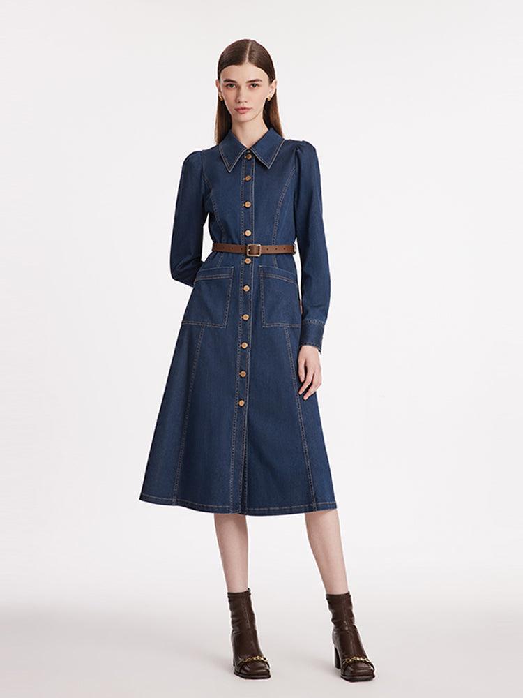 Single-Breasted Lapel Women Midi Denim Dress With Belt Product Image