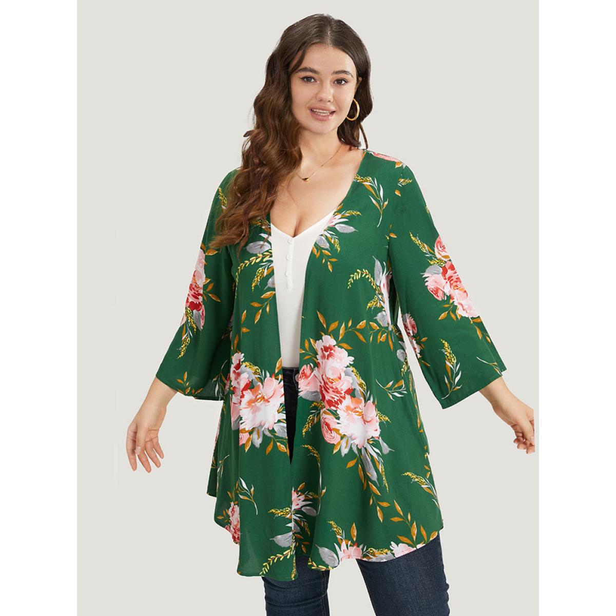 Plus Size Floral Print Open Front Asymmetrical Hem Kimono Women DarkGreen Casual Asymmetrical Loose Dailywear Kimonos BloomChic 26/4X Product Image