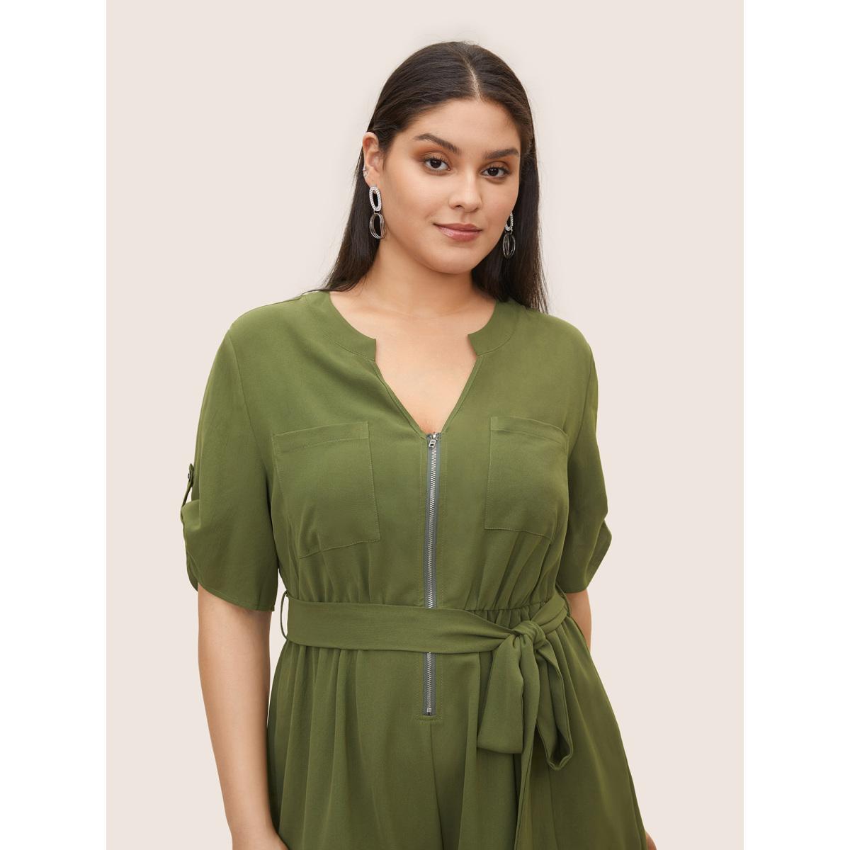 Plus Size Moss Solid Half Zip Belted Tab Sleeve Jumpsuit Women At the Office Half Sleeve Flat collar with V-notch Office Loose Jumpsuits BloomChic 22-24/3X Product Image