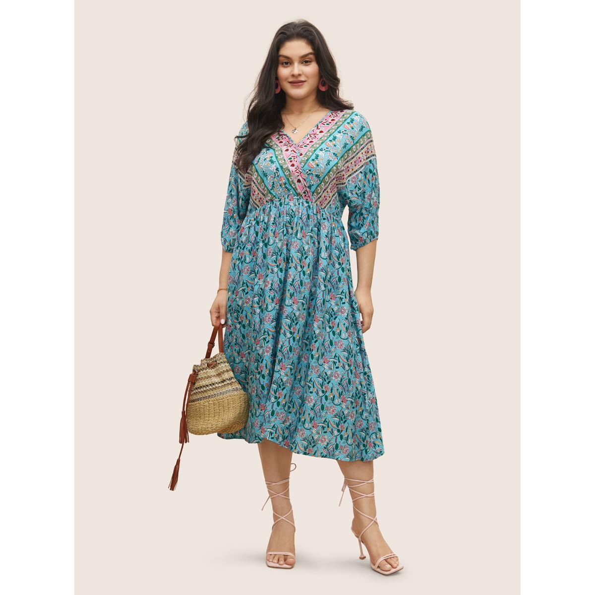 Plus Size Boho Print Wrap Elastic Waist Lantern Sleeve Dress Turquoise Women Resort Overlapping Overlap Collar Elbow-length sleeve Curvy Midi Dress BloomChic 26/4X Product Image