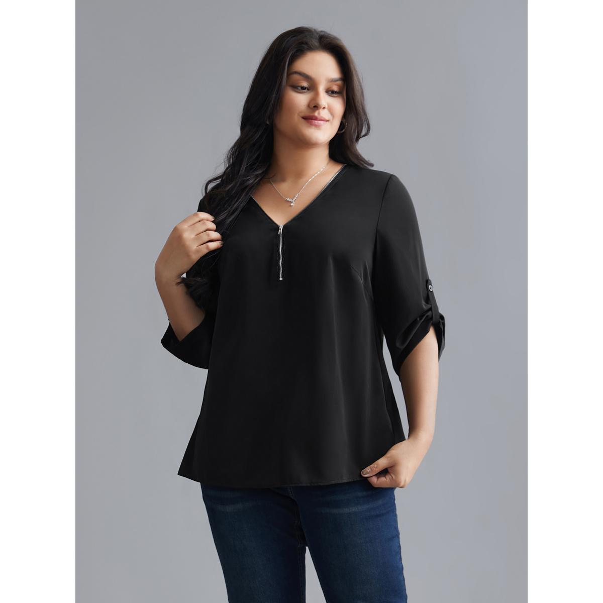 Plus Size Black Plain V Neck Half Zip Tab Sleeve Blouse Women Leisure Elbow-length sleeve V-neck Casual Blouses BloomChic 30/6X Product Image