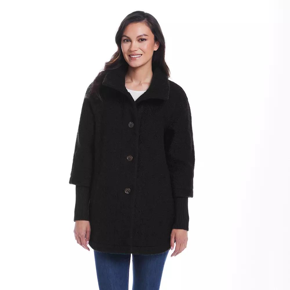 Women's Weathercast Button Front Boucle Topper Coat with Knit Sleeves, Size: Medium, Black Product Image