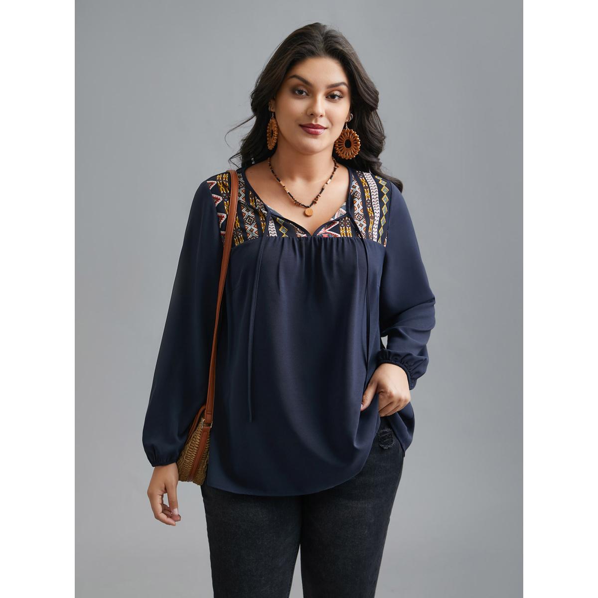 Plus Size Indigo Bandana Print Patchwork Ties Blouse Women Resort Long Sleeve Non Vacation Blouses BloomChic 18-20/2X Product Image