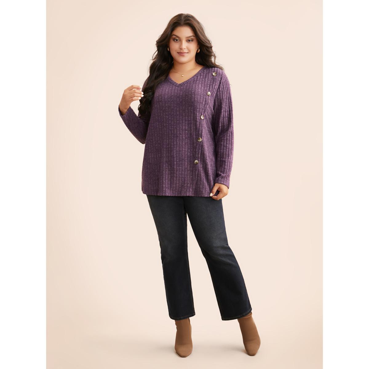 Plus Size V Neck Button Detail Rib Knit T-shirt Mauve Women Elegant Texture V-neck Everyday T-shirts BloomChic 22-24/3X Product Image