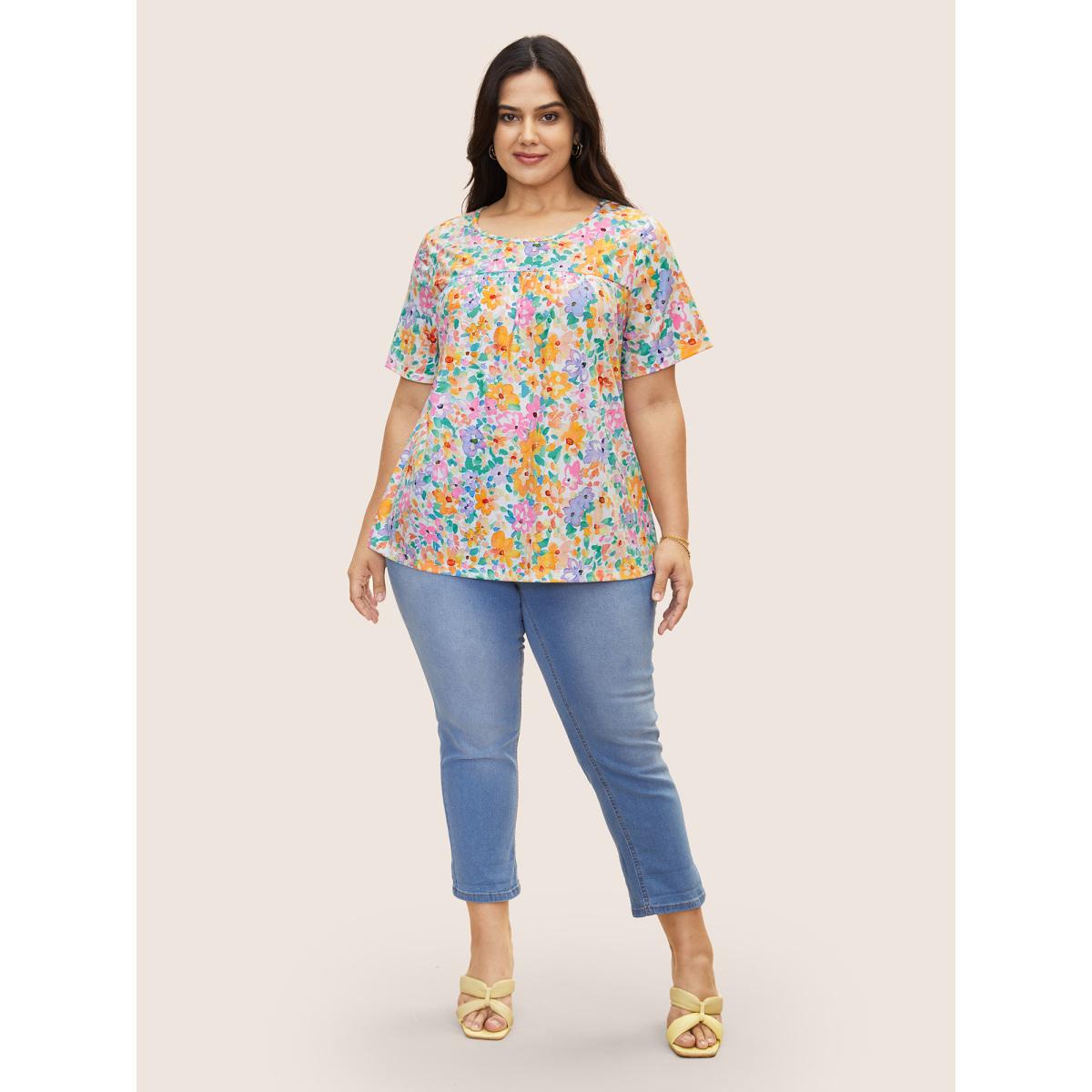 Plus Size Crew Neck Colored Floral Gathered T-shirt Multicolor Women Elegant Contrast Natural Flowers Round Neck Everyday T-shirts BloomChic 28/5X Product Image